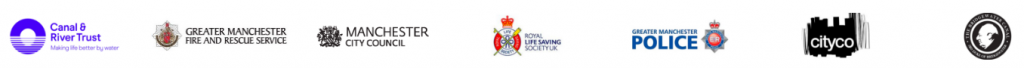 Logos of Canal & River Trust, CityCo, Manchester City Council, Greater Manchester Fire and Rescue, Greater Manchester Police, Royal National Lifeboat Institution and the Royal Life Saving Society UK
