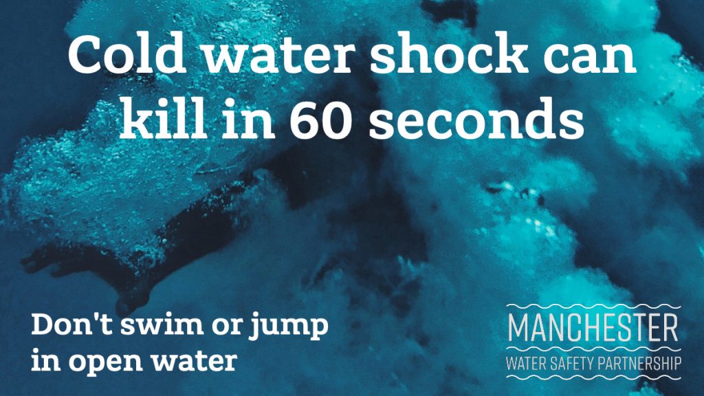 An underwater picture with someone causing a splash and the text: 'Cold water shock can kill in 60 seconds. Don't swim or jump in open water.